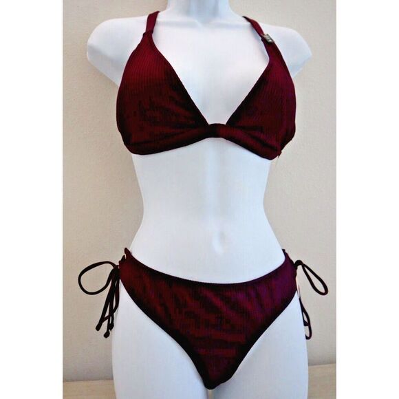 Pink x Victoria's Secret Swim Sz M Burgundy Lace-Up Top & Cheeky Bikini Set - Picture 1 of 12